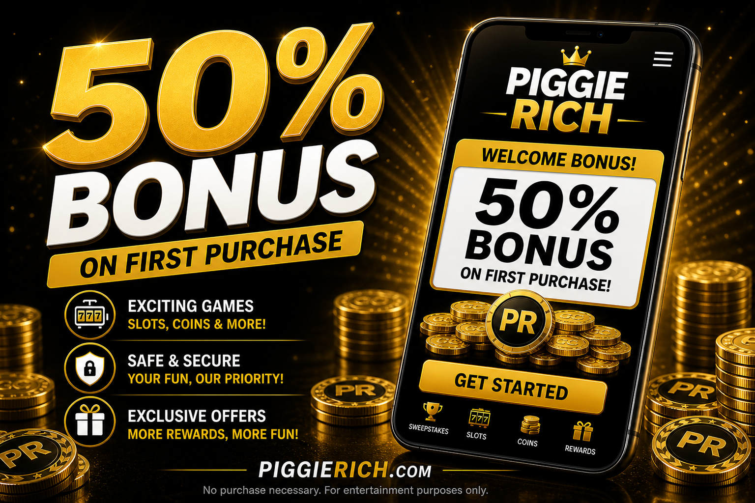 Piggie Rich 50 percent bonus on first purchase